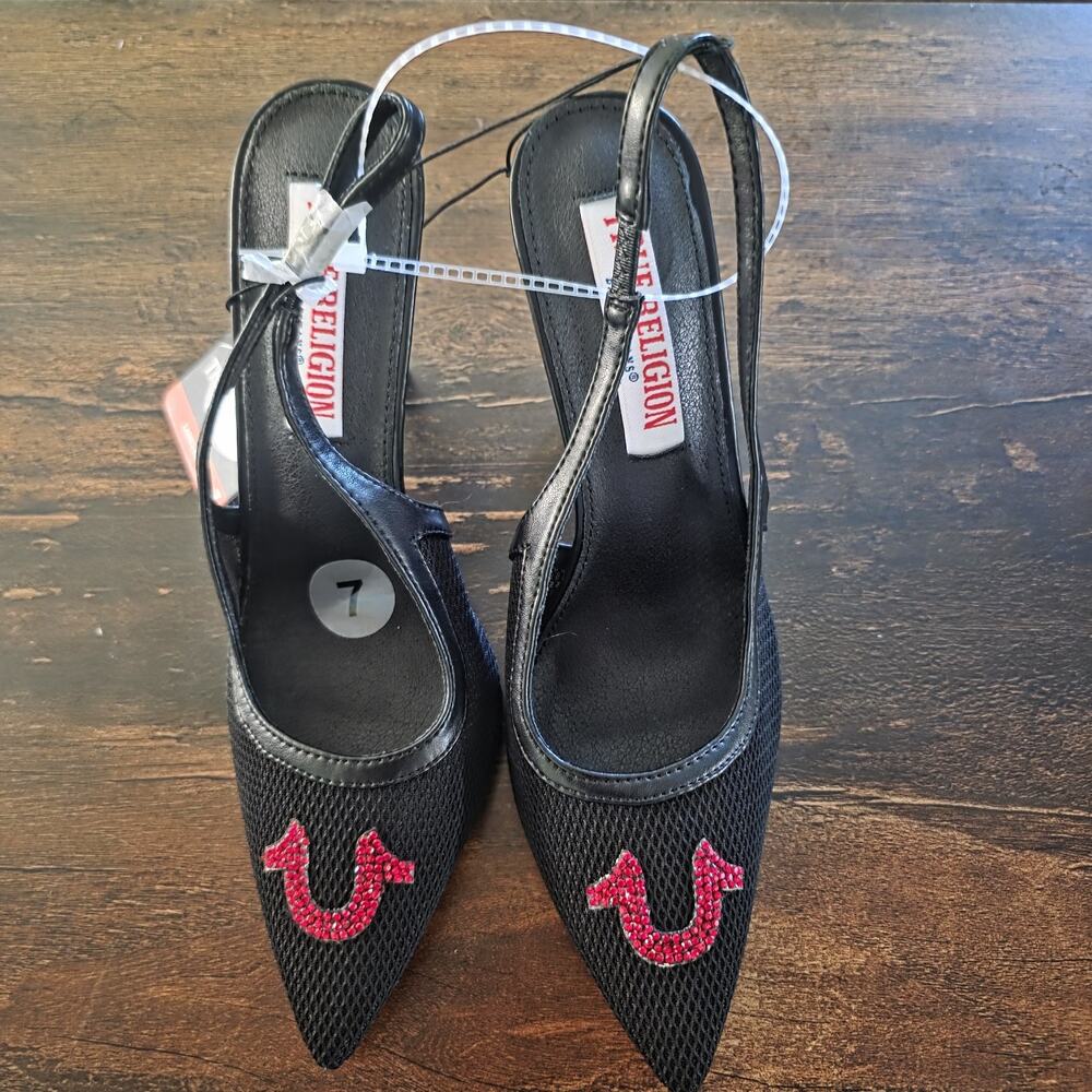 True Religion Women's Black mesh Point Toe Slingback Heels size 7